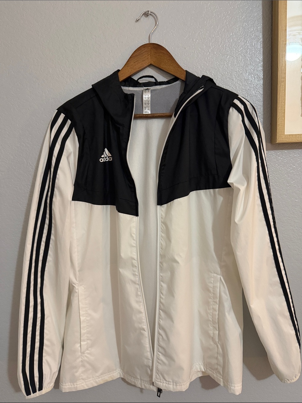 Adidas Women’s White and Black Hooded Windbreaker Jacket